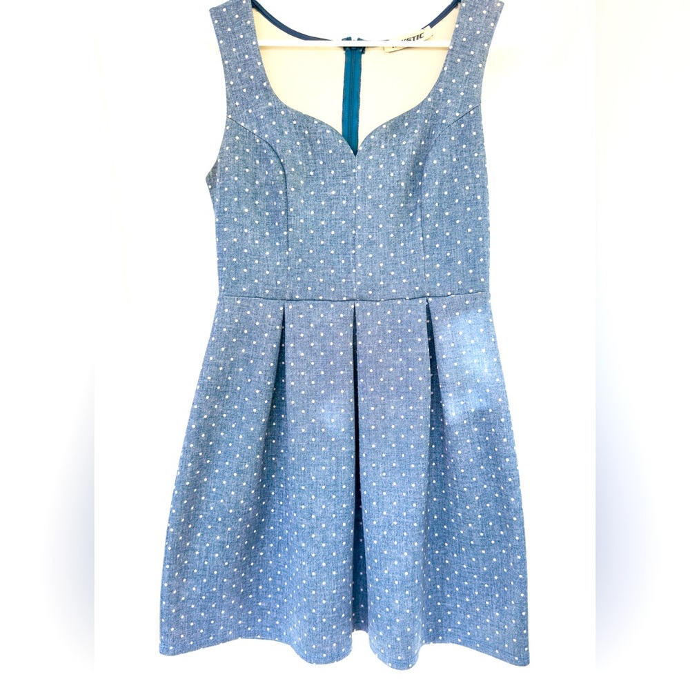 Mystic sweetheart neck sleeveless dress “Denim” Blue color with polka dots